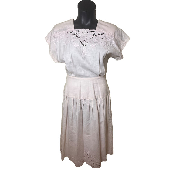 Talbots Embroidered Lace Eyelet Linen Blend Pale Pink Drop Waist Dress 6 8 Vtg - Picture 1 of 8